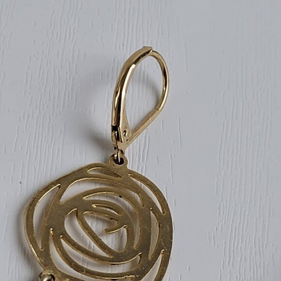 Vintage Gold-Tone Rose Cut-Out Swirl Link Dangle Earrings Leverback 2.5" - Picture 2 of 5